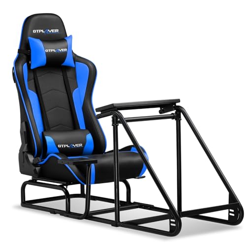 Image of GTPLAYER Racing Simulator Cockpit with Gaming Chair and Bluetooth Speakers, Racing Style Reclining Seat and Sleigh Shape Alloy Steel Frame (Blue)