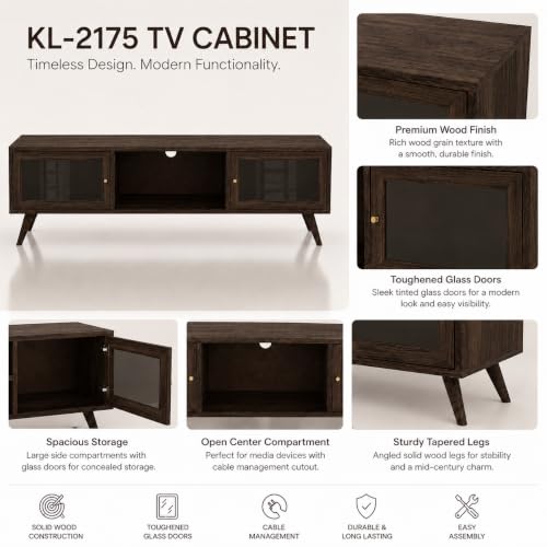 Image of The Attic Janah TV Cabinet, Solid Wood Sideboard TV Cabinet for Living Room, Wooden Free Standing TV Unit Side Board Table with Storage, Walnut Finish Glass