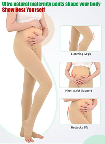 Mgang Compression Maternity Pantyhose - Opaque Pregnancy Tights, Open Toe, 20-30 Mmhg Moderate Support For Swelling, Varicose Veins, Waist High Compression Stockings For Women Circulation, Beige L #TOP6