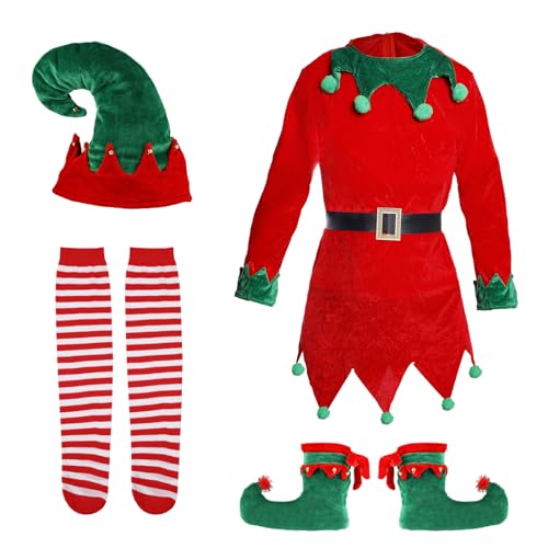 XIHIRCD Christmas Elf Costume Sets, Funny Jester Cosplay Outfit With Elf Hat, Long Striped Socks, Bell Shoes, for Kids Girls Boys Women Party Favors (12-14 Years Old)