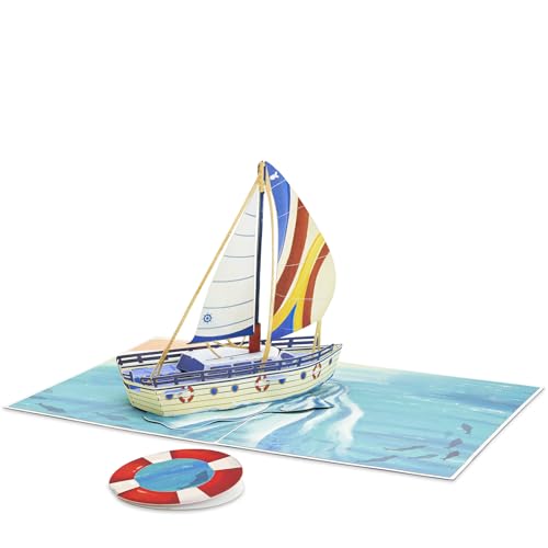 Image of POPWOW Sailboat Pop Up Card, 5x7 Inch 3D Greeting Card, Travel and New Adventure Design for Retirement, Birthday or Father's Day, Dad, Grandfather, Boss, Includes Envelope & Note