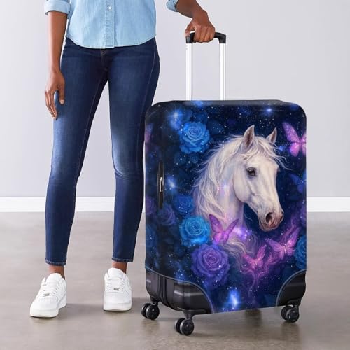 Image of Mumeson Butterfly White Horse Travel Luggage Cover Suitcase Protector Fit 18 19 20 21 Inch for Women Portable Suitcase Dust Cover Elastic Easy to Install