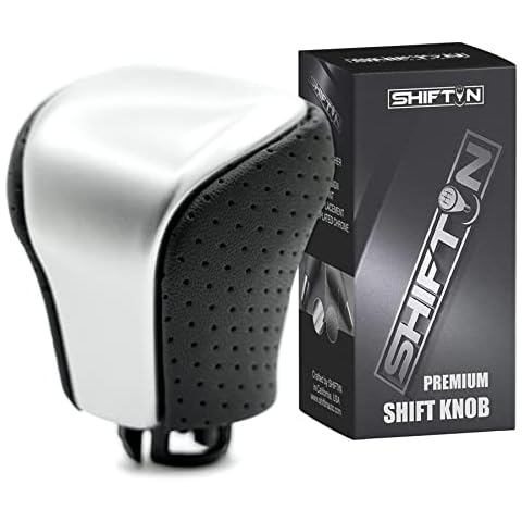 SHIFTIN Leather & Carbon Fiber Wood Trim Gear Shift Knob Gearbox Shifter for Lexus LS460 F-Sport LS-460-L LS600 LS-600h-L and Fits Lexus LX570 LX 570 (Black Leather/Silver Gray) Cover