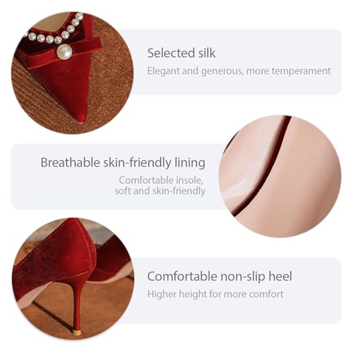 Women's Satin Pearl Pointy Toe Stiletto Bridal Pumps Elegant Bow Slip On Fashion High Heeled Backless Dress Shoes for Wedding Party Prom2