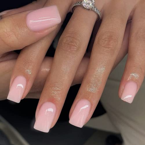 Light Pink Press on Nails Medium Short Square,Pink Gel Fake Nails,Reusable Finger Nails Press on,Ready-to-Wear Jelly Nails Kit,Long-Lasting At-Home Manicure- 24 Soft Natural Nails Set