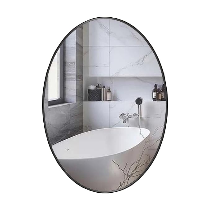 Oval Wall Mirror with Black Frame, 45x34 cm, PVC Frame Wall Mountable Stick On Glass Mirror for Bathroom, Bedroom, Living Room, Hallway Decoration (Black Round(45cm))