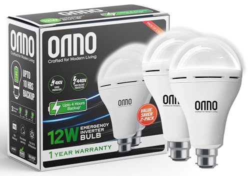 Image of ONNO 9W /12W Rechargeable Emergency Inverter LED Bulb | (Pack of 2, White) I Cool Day Light | Upto 4 Hours Battery | 3 Dimmable Modes | B22D | 1 Year - Warranty (12.0, Watts)