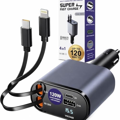 Image of 120W 4-in-1 Retractable Car Charger with Fast Charging, Dual Built-in Cables + 2 USB Ports, Universal Car Phone Charger for iPhone 17 /16 /15 /14 /13 /12 Series, Android, iPad & All Smartphones