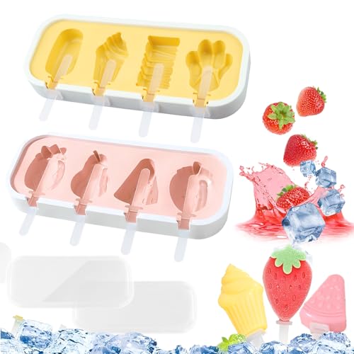 Xbessc 3 Pcs Moldes Helados de Silicona 4 Cavidades Molde Helado Pata de Oso y Formas de Fruta Moldes DIY Paletas sin BPA con Palos Reutilizables y Tapa para Bebé Niño y Adultos(Amarillo,Rosa)