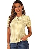 Allegra K Women's Halloween Costumes Summer Gingham Blouse Plaid Top Short Sleeve Button Down Peter Pan Collar Shirt Small Yellow
