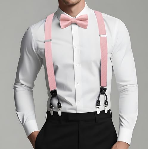 Image of Dubulle Suspender and Bow Tie for Men Paisley Solid Mens Suit Braces Pretied Bowtie and Handkerchief Cufflinks Formal Wedding