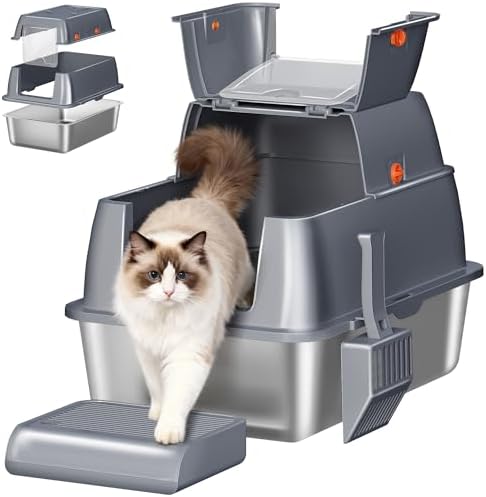 Arenero Acero Inoxidable Gatos XXL, 61 x 41 x 40 cm, Gris Oscuro