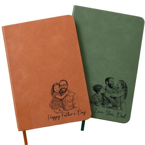 Dad Makes Every Memory Golden - Custom Photo Leather Writing Journal - Personalized Birthday Gifts For Teachers, I Love You Dad Journal, Custom Photo Sketch Line Art Portrait Fathers Day Gift For Him