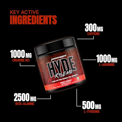 Image of HYDE Xtreme - Hard Hitting Energy Pre Workout Supplement | Caffeine, Beta-alanine, Creatine HCl, L-arginine | For Muscle Pump, Vascularity, Strength and Focus | 15 servings (Fruit Punch)