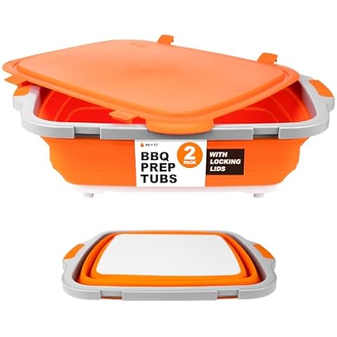Drip EZ Collapsible BBQ Prep Tubs 2-Piece Set - For Meal Prep Marinating Food Storage - Includes Cutting Board & Lid - (1) OG + (1) XL - Orange Cover