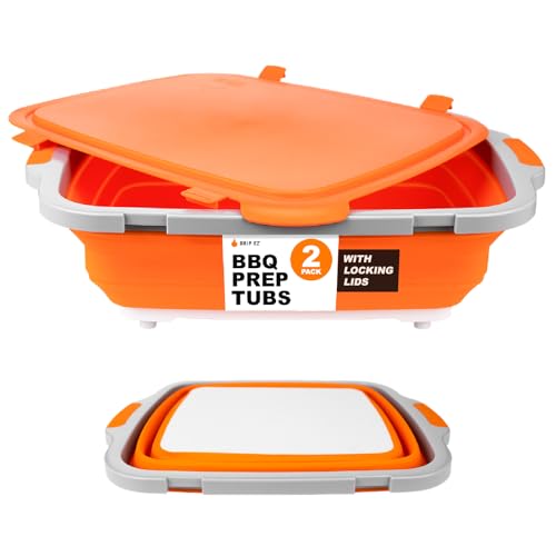Drip EZ Collapsible BBQ Prep Tubs 2-Piece Set - For Meal Prep Marinating Food Storage - Includes Cutting Board & Lid - (1) OG + (1) XL - Orange