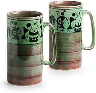 Western Eiderdown Presents Two to Tango' Warli Hand-Painted Ceramic Milk Mug Glasses Tumblers Cum Beer Mugs (Set of 2) #Aport-106