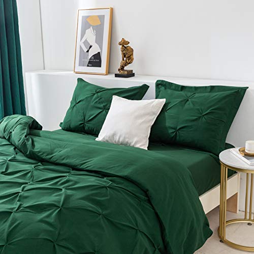 3 Pieces Bedding Duvet Cover Set, Pinch Pleated Queen Duvet Cover, Pintuck Comforter Quilt Cover With 2 Pillow Shams-Queen-90 X 90 Inches-Green #TOP7