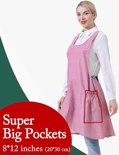 Image of Cozy Adjustable Cross Back Aprons for Women with Pockets Cotton Linen Cooking Kitchen Baking
