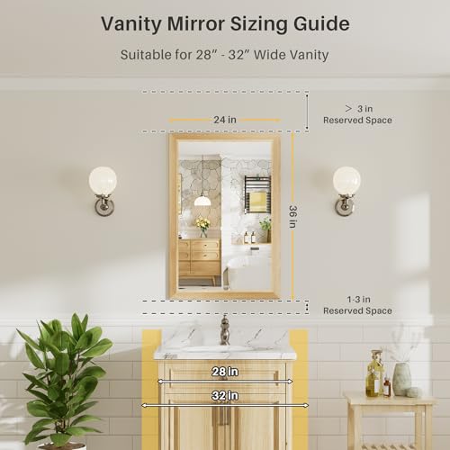 Image of 24x36 Inch Bathroom Mirror for Wall, Anti-Rust Oak Wood Grain Metal Framed Bathroom Mirrors for Over Sink,Rectangler Mirrors for Bathroom Vanity, Farmhouse, Bedroom, Living Room, Entryway Decor