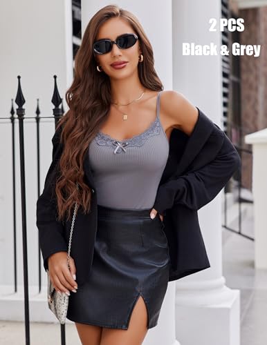 Avidlove Camisetas femininas pacote com 2 camisetas regata gola V alças finas ajustáveis (preto/cinz