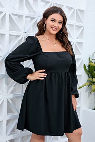 Tinstree Womens Plus Size Square Neck Dress Long Puff Sleeve Flowy Swing A-Line Short Casual Mini Dress Black #TOP3