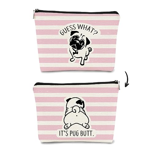 Pug Gifts for Lovers - Small Makeup Bag, Cosmetic Organizer for Women, Funny 'Guess What It's Pug Butt' Travel Bag, Birthday Gift for Mom Dad Girls (Pink and White Striped B)