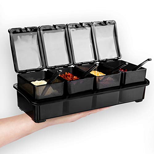 HLTYGWX Barattoli per condimenti, Contenitore per Sale da Cucina, Scatola per condimenti con Cucchiaio, Contenitore per spezie a 4 Scomparti, Contenitore per condimenti per spezie, Zucchero, Sale,