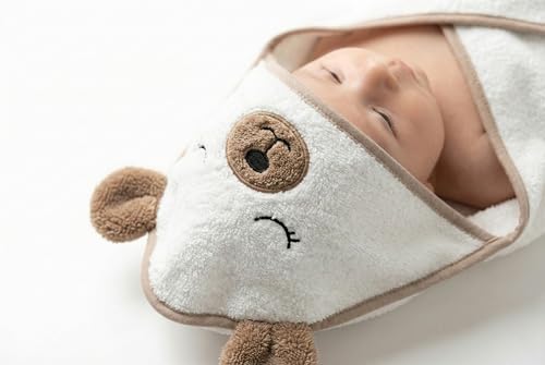 Image of Organic Baby Hooded Bath Towel 30x30 Inch - 100% Organic Cotton, 380 GSM Soft & Absorbent Newborn Towel with Embroidered Hood, (Bear)