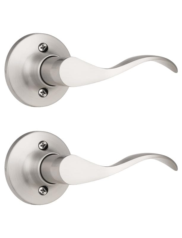 Image of Mengico 2 Pack Satin Nickel Dummy Door Lever, Single Right Side Door Handle for Closets, Non-Turning Pull Only Lever Set, Wave Style Interior Door Knob