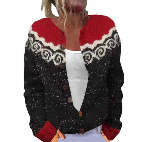 Fair Isle Print Retro Sweater for Women Knitted Button up Crewneck Vintage Loose 2025 Fall Fashion Knits Cardigan