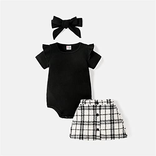 Patpat Baby Girl Clothes Skirt Set Short Sleeve Romper And Belted Skirt Set Casual Outfits Infant Girl Clothes Black 3-6 Months #TOP5