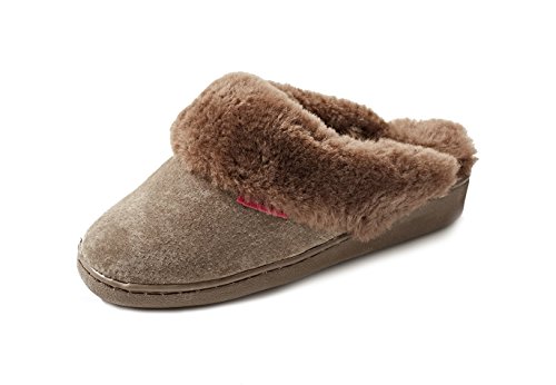 Reissner Lammfelle | Engel Hausschuhe Korfu | Pantoffel | Veloursleder | Innenfutter echtes Merino Lammfell | erhöhter Absatz | mit Fellkranz | 43 braun