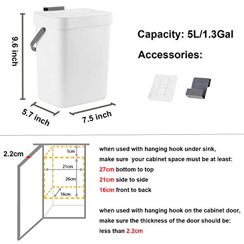 Compost Bin Indoor Kitchen Sealed, Lalastar Hanging Small Trash Can With Lid Under Sink For Kitchen, Food Waste Bin For Countertop, Mountable Garbage Can For Bathroom, Rv, 5L/1.3 Gal, White #TOP6
