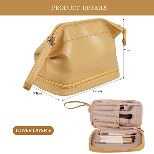 Abiudeng Large Makeup Bag for Women,Travel Makeup Organizer with Brush Holder, Dopp Kit Essentials,Waterproof PU Cosmetic Bag for Traveling,Multi Compartment, Cute,Spacious Capacity-yellow by Abiudeng - Used condition - Image 2