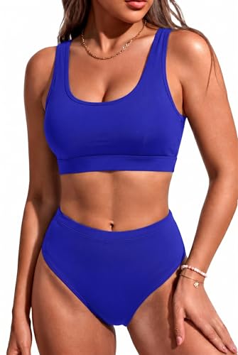 Image of Tempt Me Women Two Piece Scoop Neck Bikini Crop Top High Cut Swimsuit Sporty High Waisted Bathing Suit with Bottoms