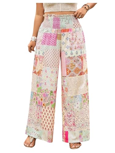 Women's Plus Size Patchwork Floral Paisley Boho Pants Smocked Colorblock High Waisted Wide Leg Trousers