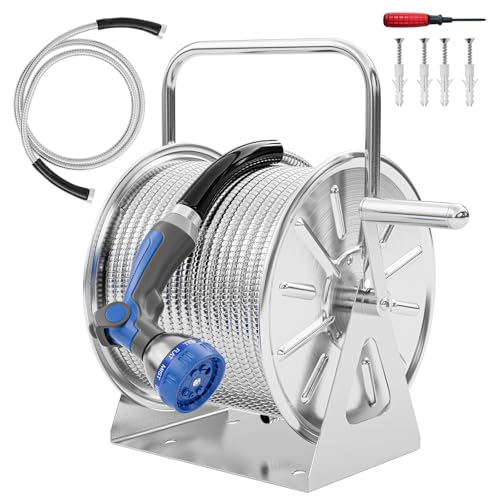 SPECILITE Stainless Steel Garden Hose Reel with 100FT Drinking Water Hose and 6.2FT Leader Pipe, Wall/Floor Mounted Metal Spool with Crank Handle, UV Resistant for Outside, Yard, Patio