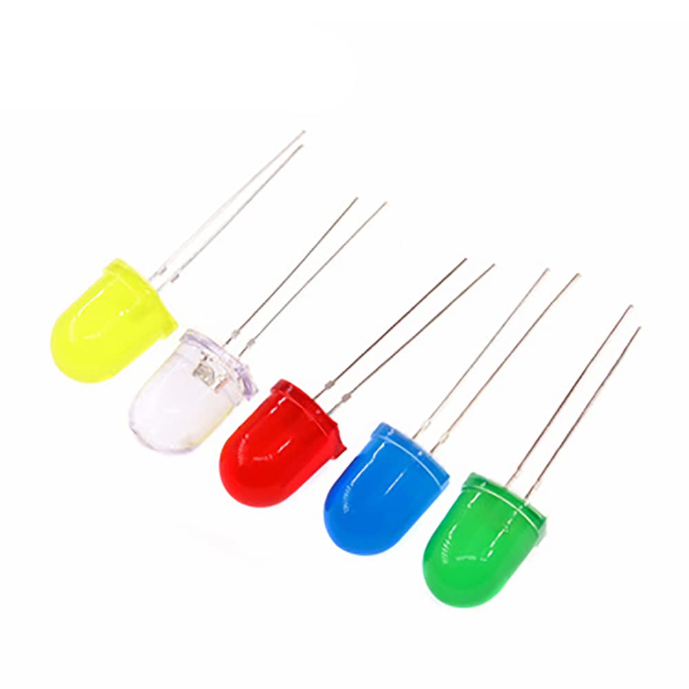 Vrabocry 50 stks (5 Kleuren x 10 stuks) 10mm LED Diode Lichten Assortiment (Gekleurde Lens Ronde) Emitting Verlichting Lamp Diverse Kit Diverse Kleur Wit Rood Geel Groen Blauw
