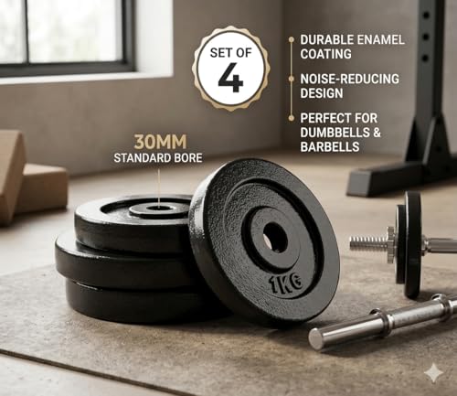 Image of Cast Iron Weight Plates for Home Gym (Centre Hole 30mm)- Standard Gym Plates for Strength Training, Durable & Rust-Resistant, Multiple Weight Options | From the House of Healthycliq | Sedex Certified | Bodybuilding Fitness And Core Fitness (4KG (1KG X 4), Cast Iron)