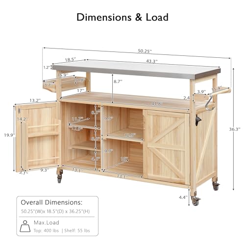 Image of Merax Outdoor Kitchen Island, Rolling Bar Cart & Storage Cabinet, Farmhouse Solid Wood Outdoor Grill Table with Stainless Steel Top, Spice Rack, Towel Rack for Kitchen & BBQ, Natural