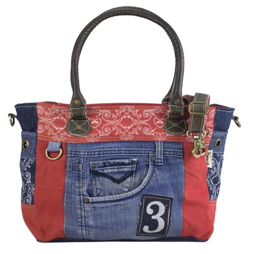 Sunsa Damen Tasche. Nachhaltige Umhängetasche. Handtasche Bag aus recycelter Jeans & Canvas in Vintage Stril. Rot/blau Schultertasche Crossover mit Verstellbarere Henkel (Blau Rot, 37x29x16 cm)