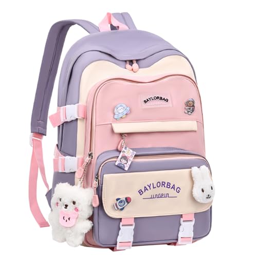 Mfikaryi Mochila kawaii para la escuela, mochila estética para niñas y niños, bolsa de escuela primaria/secundaria, 03#púrpura, L, Classic