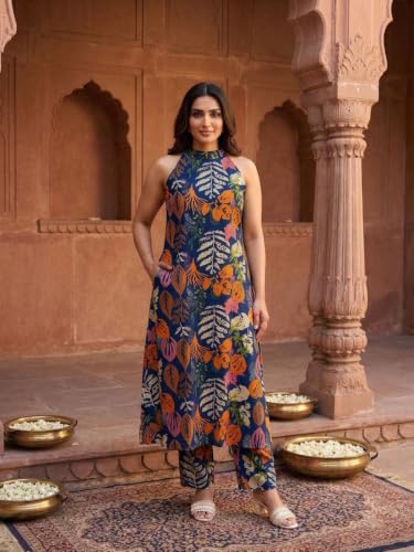 Image of OOMPH! Women's Hulter Neck Kurta & Bottom Set | Straight Kurta Outfits | Ethnic Set | Kurti Set for Woman