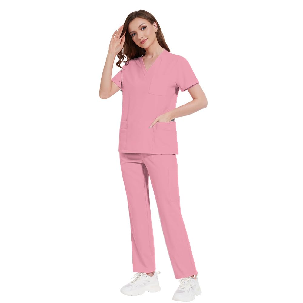 Scrubs DK77 - Conjunto de uniforme médico con cuello en V y 8 bolsillos funcionales y pantalones con pierna recta, cintura elástica, color rosa XL