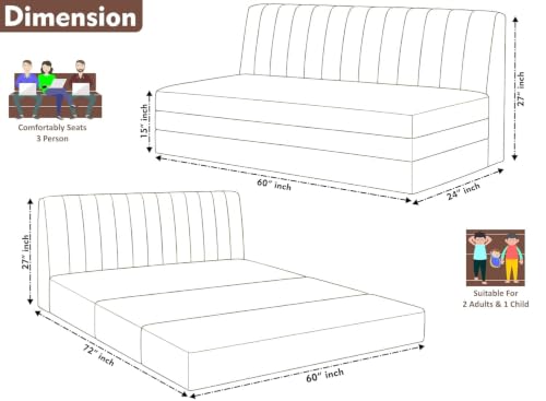 Image of Deco Studio 3 Seater Floor Sofa Bed with Adjustable Backrest, Modern Velvet Fabric Folding Couch for Living Room, Guest Room & Small Spaces - Brown Color