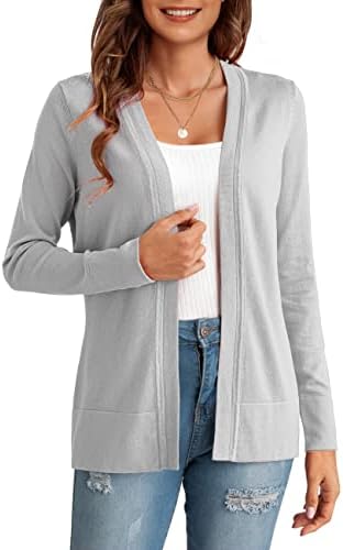 LIENRIDY Women's Long Sleeve Knit Open Front Cardigan Sweater Light Gray M