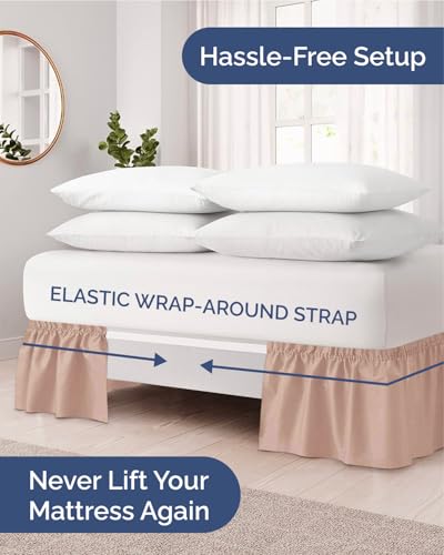 Image of Wrap Around Dust Ruffle Bed Skirt, Queen Size Beds - 15 Inch Drop, Mauve | Easy Fit Elastic Strap, Adjustable Pleated Bedskirt w /Brushed Fabric, Wrinkle & Fade Free, for Women, Men, Kids & Teens