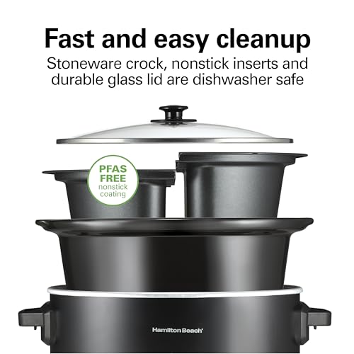 Image of Hamilton Beach 6 Quart Double Dish Slow Cooker, Cooks 2 Meals At Once | Dual 2.5 Quart Nonstick Insert | 3 Heat Settings | Serves 7+ | Dishwasher Safe Stoneware Crock & Glass Lid | Black | 33569
