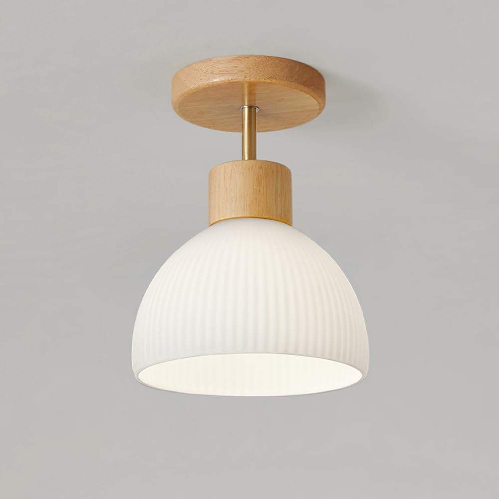 KLXSIVU Wood Semi Flush Mount Ceiling Light with Ribbed Glass Shade - Modern 7 Inch Chandelier for Entry Hallway, Stairway, and Balcony Close to Lamp E27 Hallway Fixtures